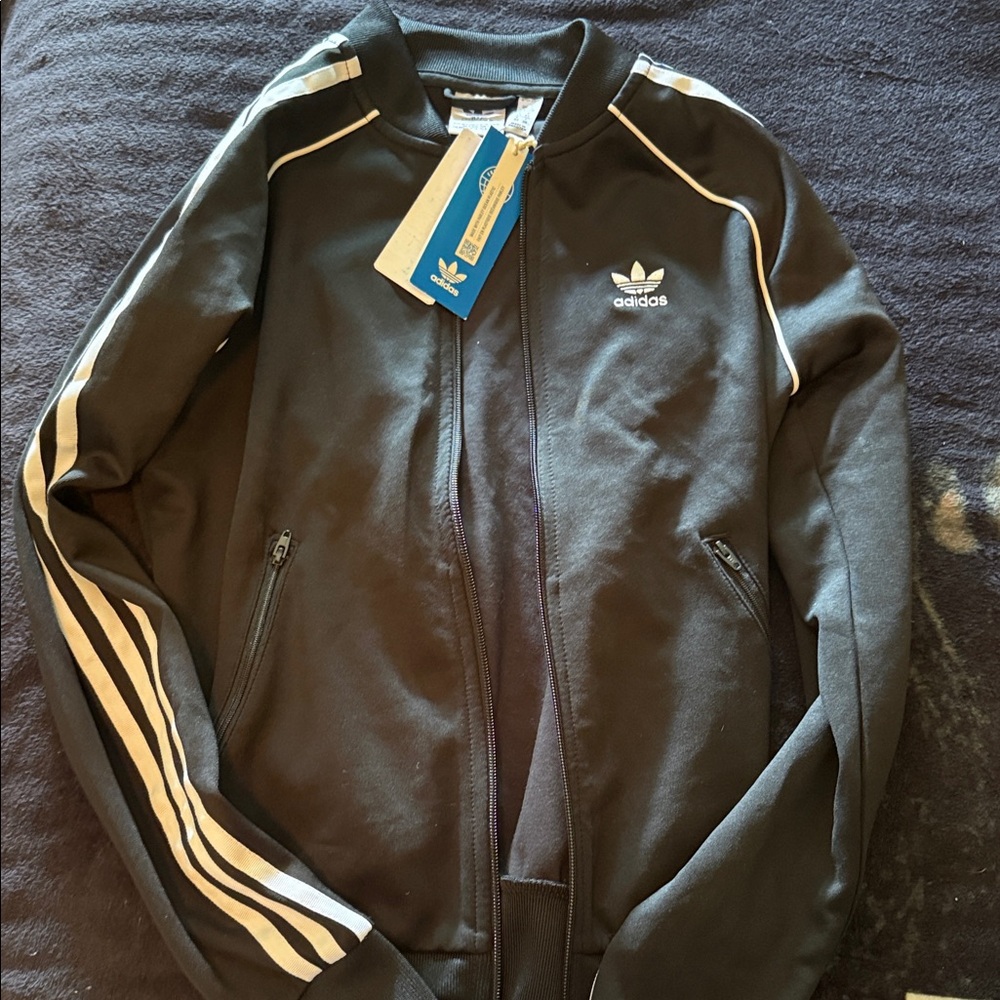 Adidas Men's Black Bomber Jacket with White Stripes